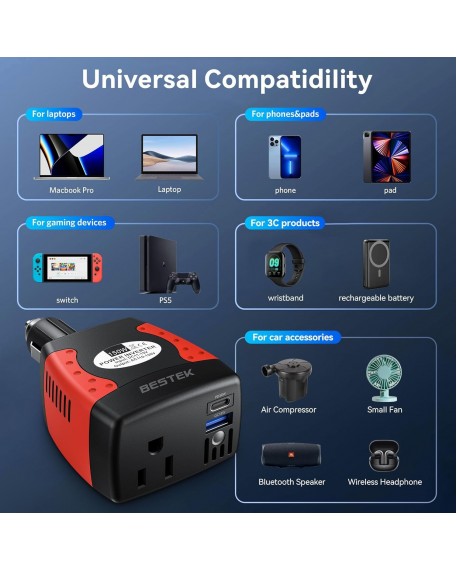 BESTEK 150W Power Inverter 12V to 110V with PD30W QC18W Dual USB Ports